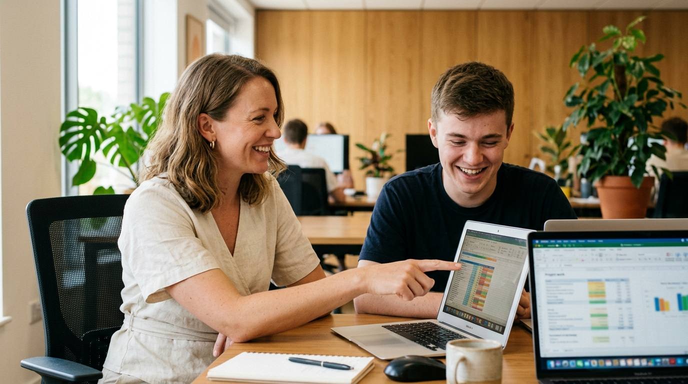 Amanda sitting beside an employee, walking them through plan options on a laptop