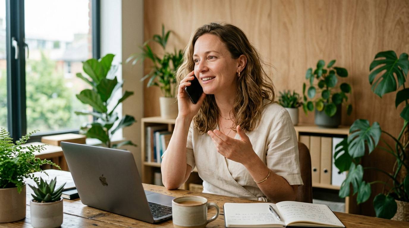 Amanda taking a member call from a sunlit office