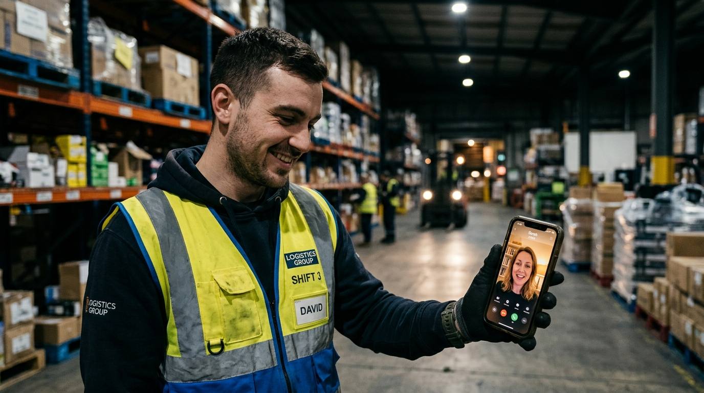 A night-shift warehouse worker on a video benefits call with Amanda