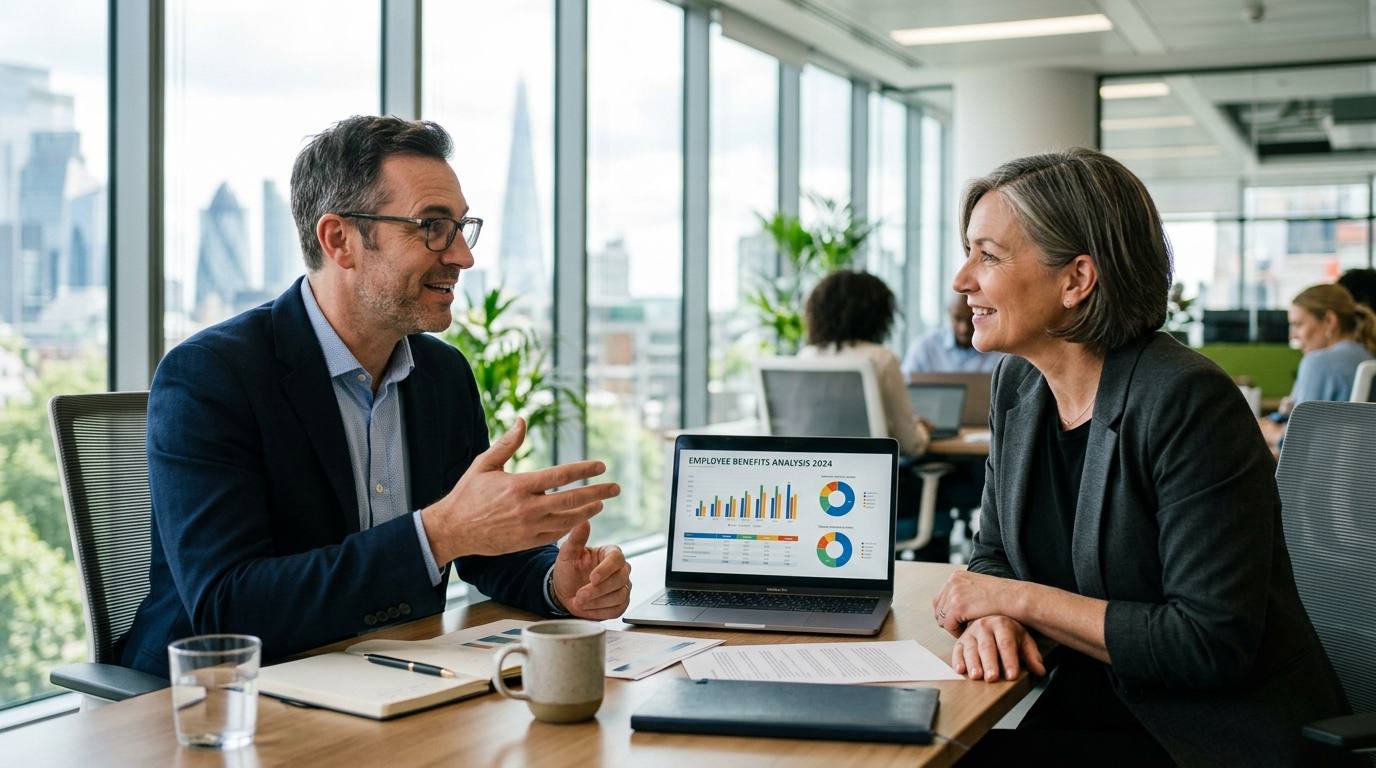 A broker advising a CFO across a desk in a bright modern office